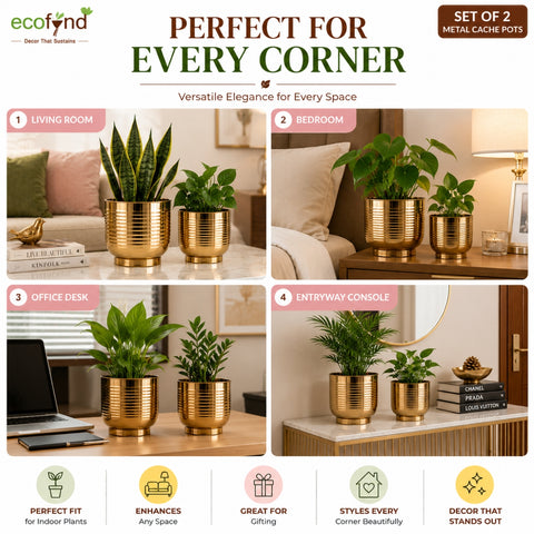 ecofynd Set of 2 Halo Ribbed Metal Planter in Symmetrical Design