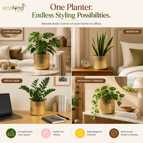 ecofynd 6 Inch Ribbed Metal Pedestal Planter – Gold Finish