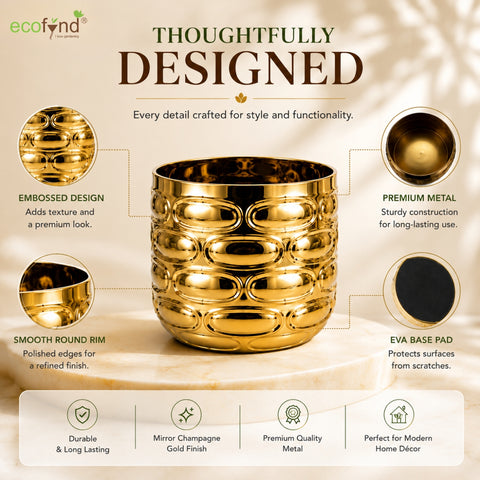 ecofynd Premium Golden Metal Planter – 5 Inch, Symmetrical Oval Design