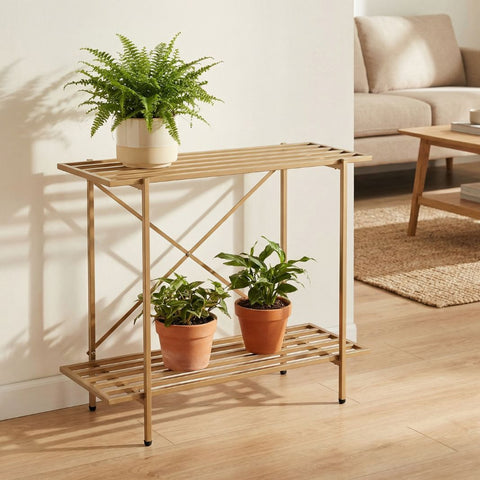 ecofynd Adam Metal Golden Plant Stand – 2 Tier Utility Display for Home & Garden