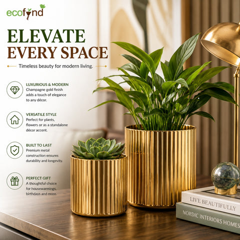 ecofynd Set of 2 Ribbed Metal Pedestal Planter – Gold Finish