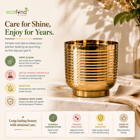 ecofynd Halo Ribbed 7 Inch Planter - Gold Finish Symmetrical Design