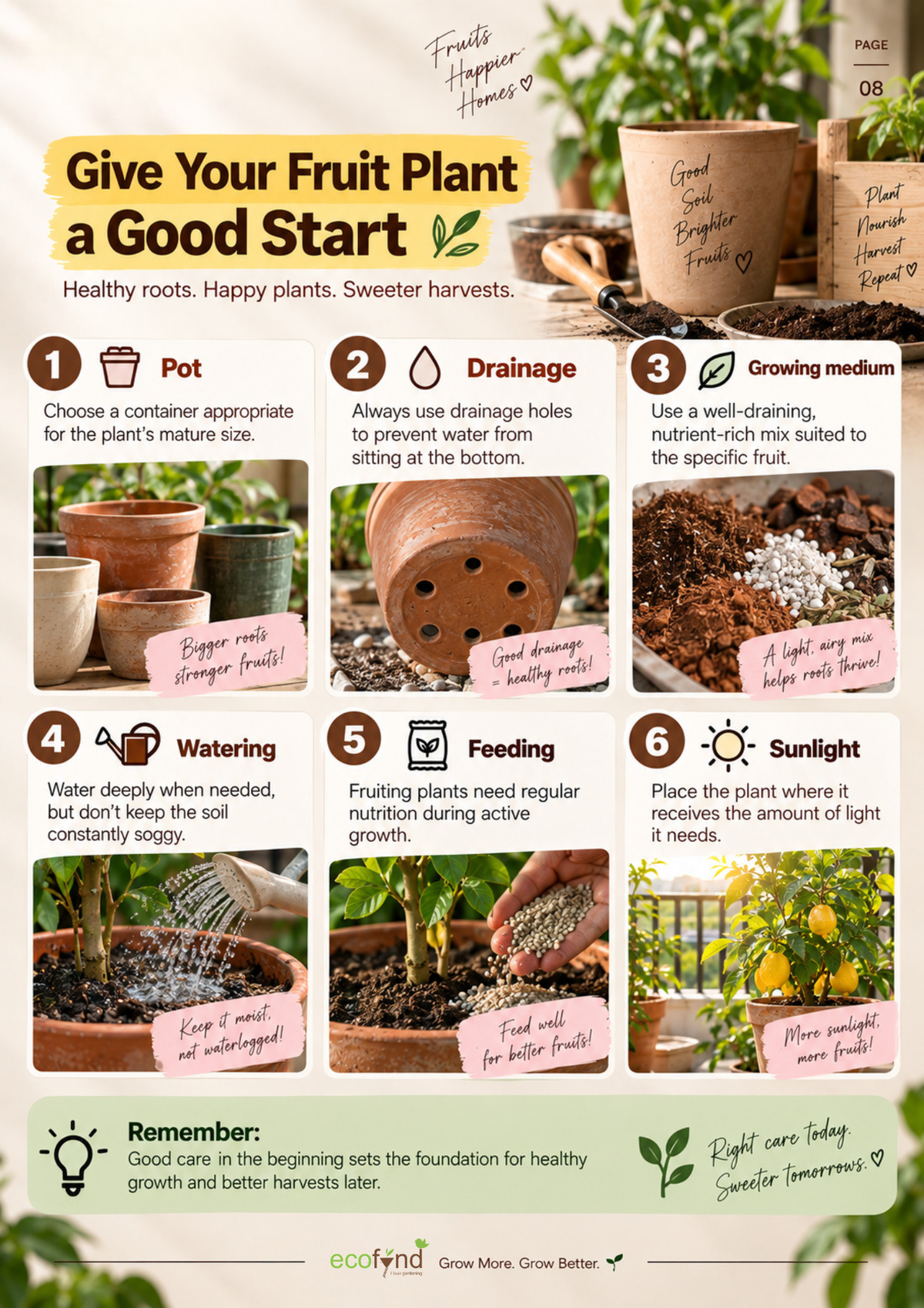 Ecofynd guide showing 6 steps to give a fruit plant a good start: pot, drainage, growing medium, watering, feeding and sunlight