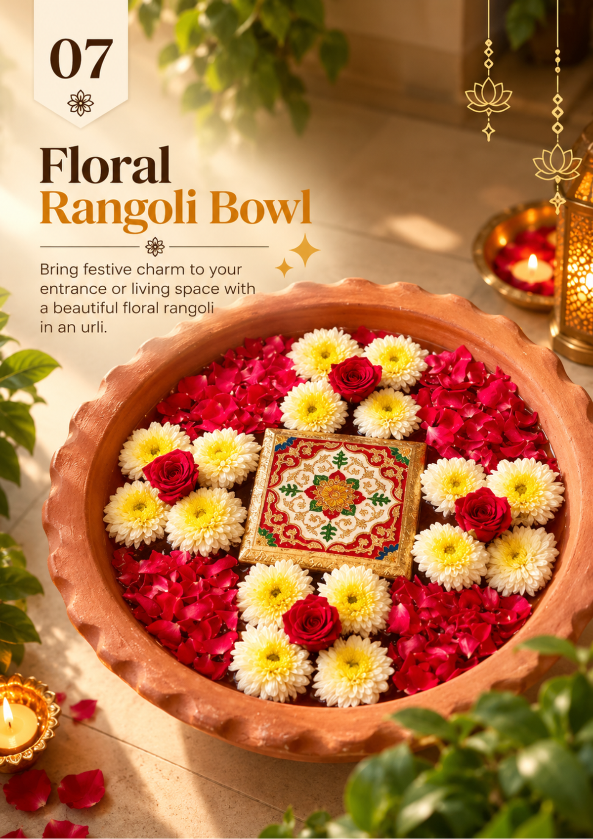 Floral rangoli bowl idea with white chrysanthemums, red roses and rose petals around a decorative tile in a terracotta urli