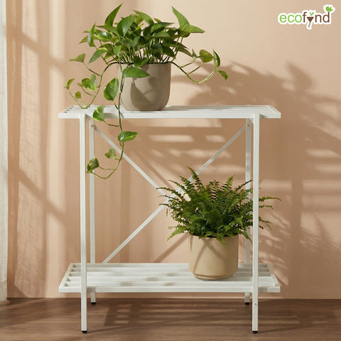 ecofynd Eric Jr Metal White Plant Stand – 2 Tier Utility Display for Home & Garden