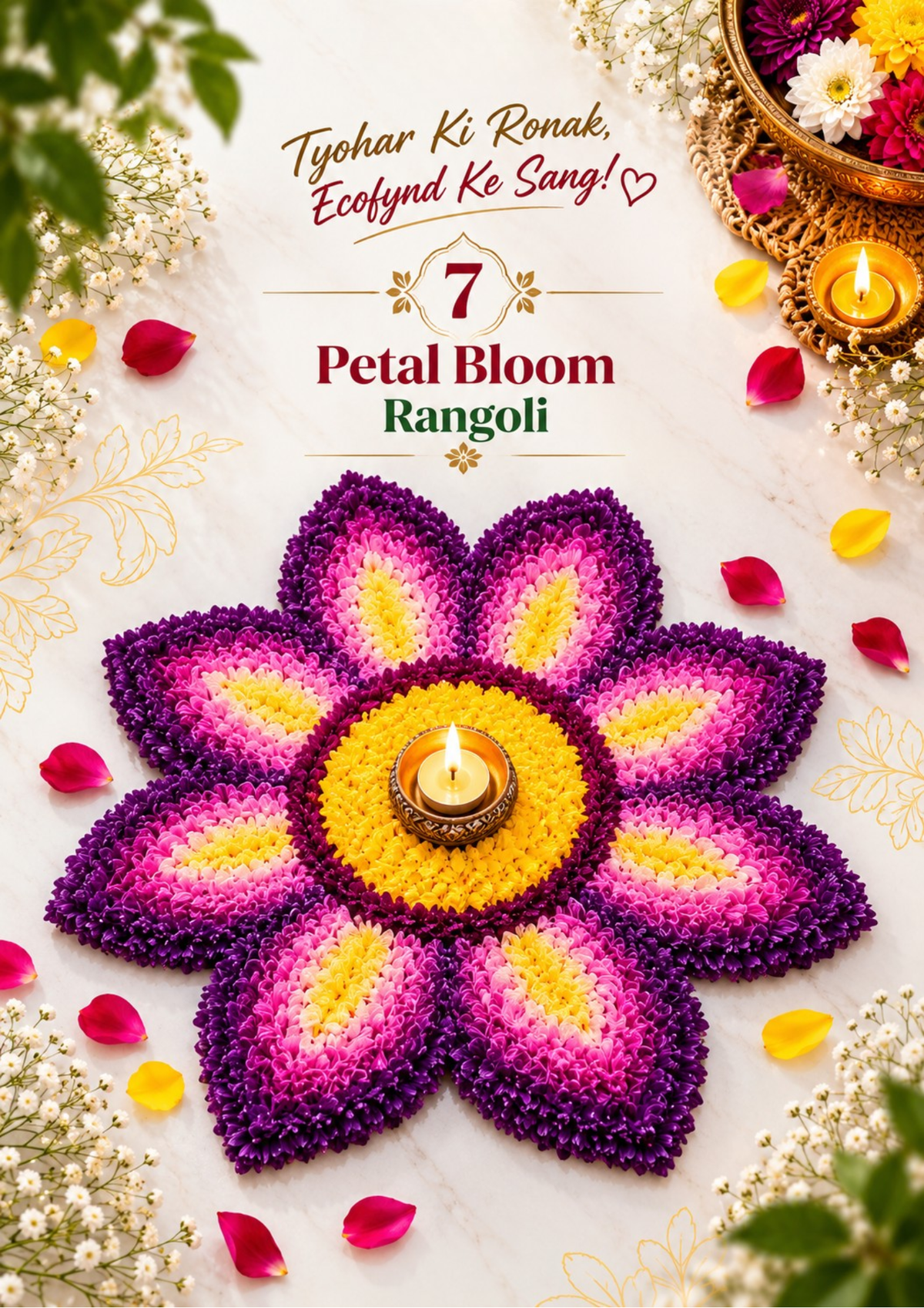 Petal Bloom Rangoli with purple and pink petals, a yellow flower centre and a lit tealight diya in the middle