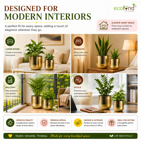 ecofynd Set of 2 Linea Patterned Golden Groove Planter – Gold Finish