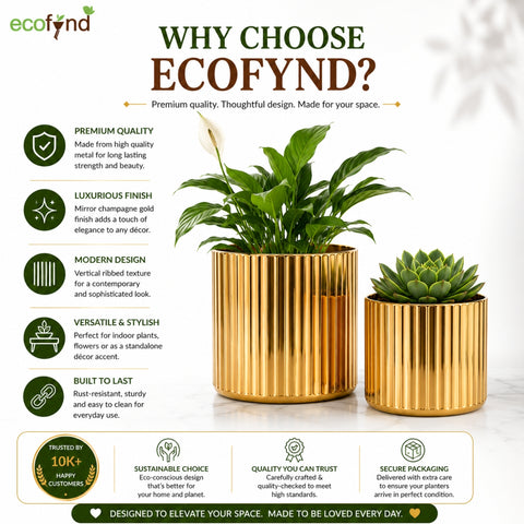 ecofynd Set of 2 Ribbed Metal Pedestal Planter – Gold Finish