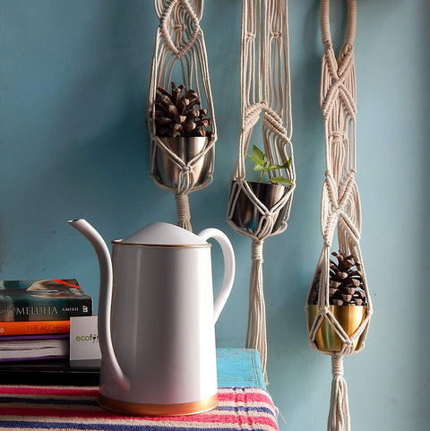 ecofynd Bohemian Macrame Plant Hanger – Set of 3 (Ivory, Cotton)