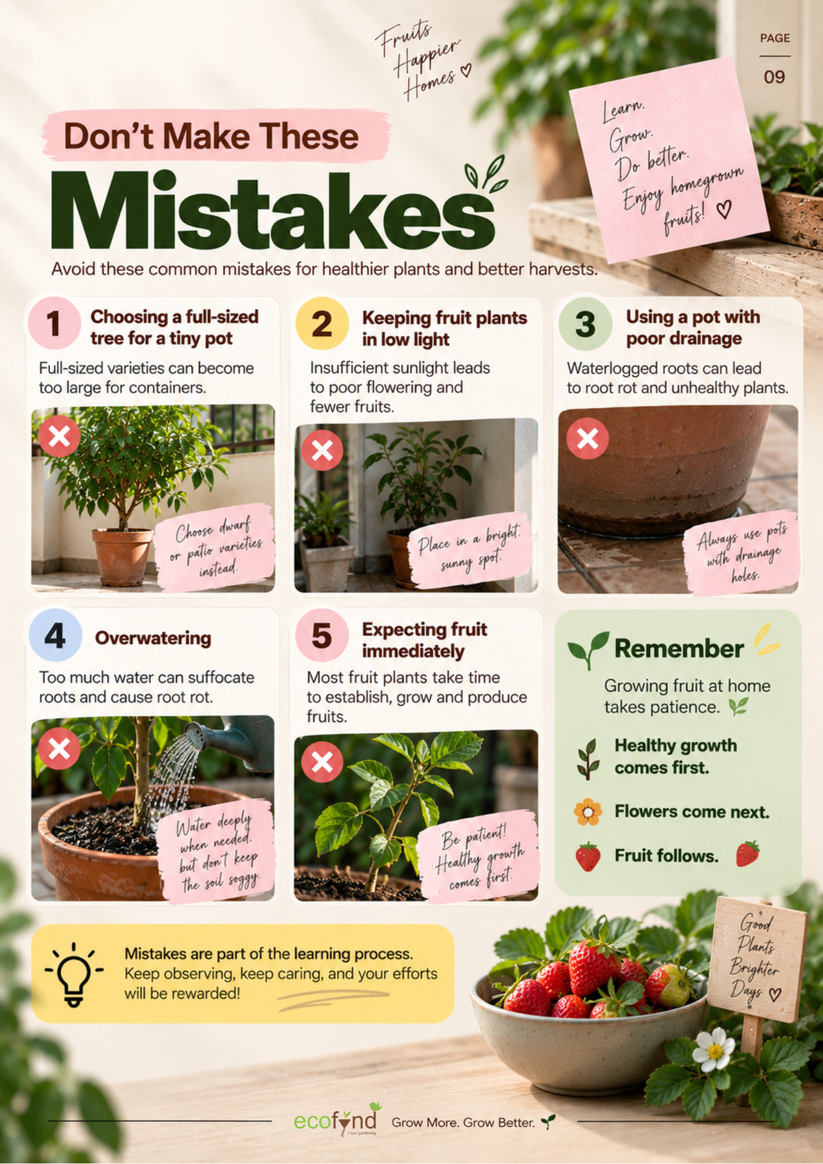 Ecofynd guide highlighting 5 common mistakes to avoid when growing fruit plants at home