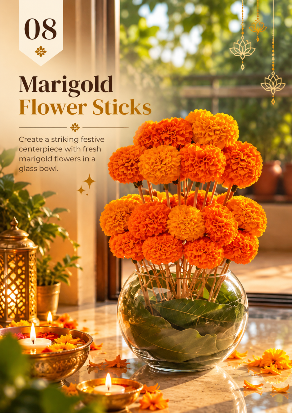 Marigold flower sticks idea with orange marigolds on sticks arranged in a glass bowl lined with green leaves