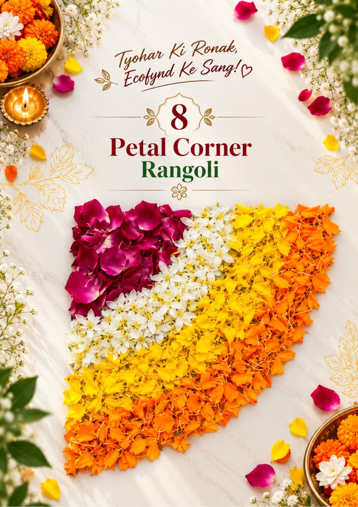 Petal Corner Rangoli made with rose petals, white flowers, and yellow and orange marigold petals