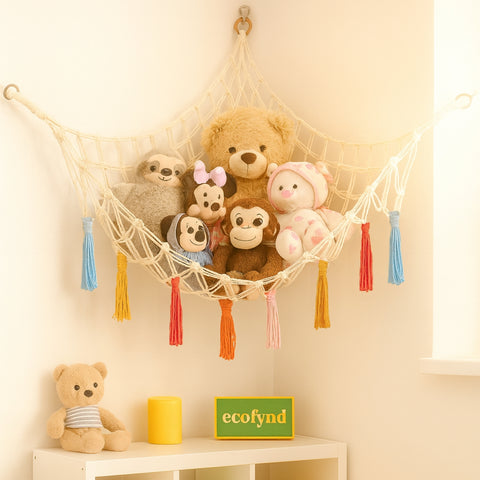 Ecofynd Boho Bliss: Macrame Toy Hammock for Playful Spaces