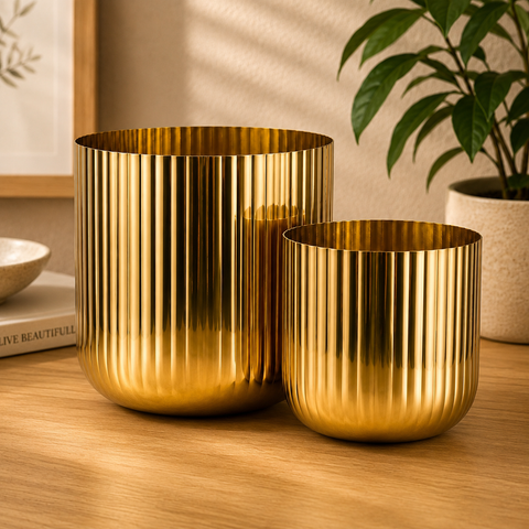 ecofynd Set of 2 Linea Patterned Golden Groove Planter – Gold Finish