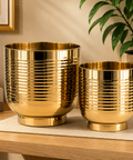 ecofynd Set of 2 Halo Ribbed Metal Planter in Symmetrical Design