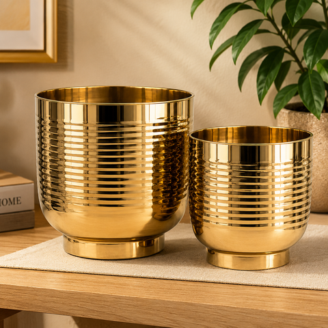 ecofynd Set of 2 Halo Ribbed Metal Planter in Symmetrical Design