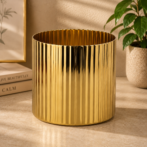 ecofynd 6 Inch Ribbed Metal Pedestal Planter – Gold Finish