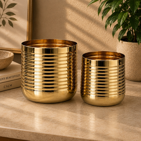 ecofynd Premium Golden Metal Planter – Set of 2, Spiral Design