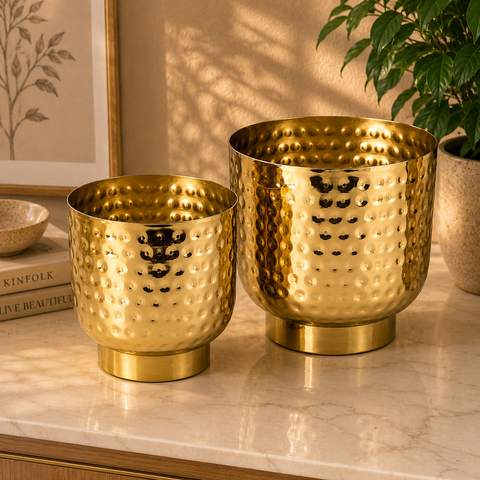 ecofynd Premium Golden Metal Planter – Set of 2, Goblet Design