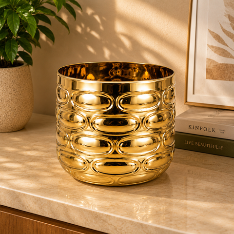 ecofynd Premium Golden Metal Planter – 5 Inch, Symmetrical Oval Design