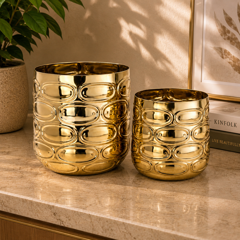 ecofynd Premium Golden Metal Planter – 7 and 5 Inch, Symmetrical Oval Design