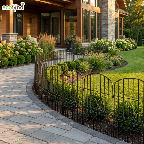 ecofynd Long Grill Garden Fence – Black Iron Arc Panels (Set of 5/10)