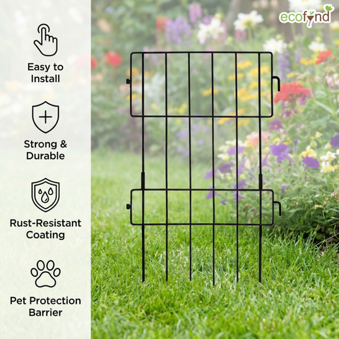 ecofynd Decorative Garden Fence – Black Iron Rectangular Panels (Set of 5/10)