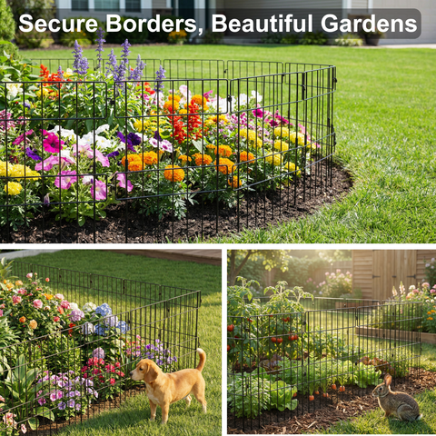 ecofynd Decorative Garden Fence – Black Iron Rectangular Panels (Set of 5/10)