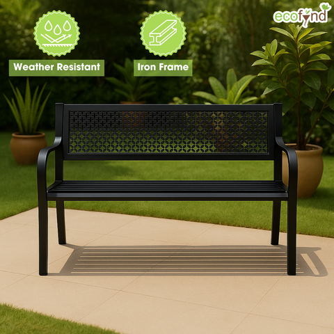 ecofynd Black 2-Seater Garden Bench – Compact Iron Outdoor Seating