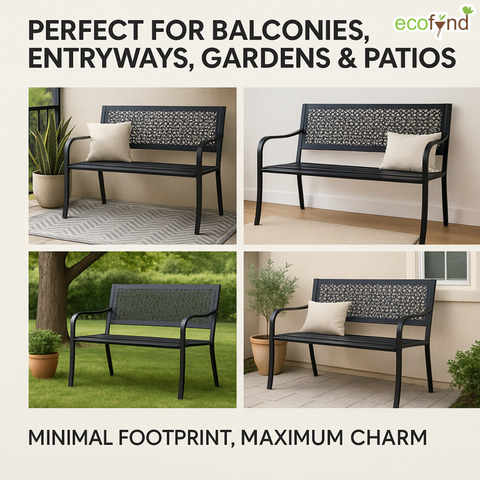 ecofynd Black 2-Seater Garden Bench – Compact Iron Outdoor Seating