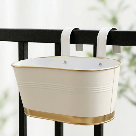 ecofynd Metal Balcony Railing Planter – Stylish White & Gold Hanging Flower Pot