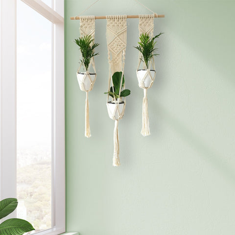 3 plant hanger Handcrafted Triple Macrame Wall Plant Hanger: 3-Tier Decor – Ecofynd