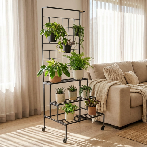 ecofynd Bloom 4-Tier Black Metal Plant Stand with Wheels – Stylish Indoor & Outdoor Organizer