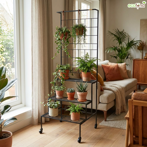 ecofynd Bloom 4-Tier Black Metal Plant Stand with Wheels – Stylish Indoor & Outdoor Organizer