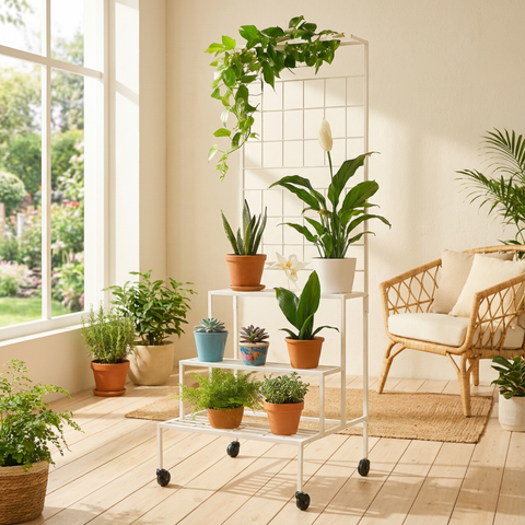 ecofynd Bloom 4-Tier Metal Plant Stand with Wheels – White Indoor & Outdoor Organizer
