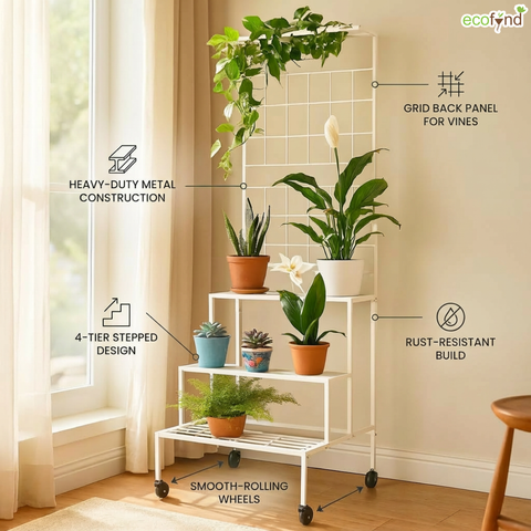 ecofynd Bloom 4-Tier Metal Plant Stand with Wheels – White Indoor & Outdoor Organizer