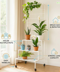ecofynd Bloom 4-Tier Metal Plant Stand with Wheels – White Indoor & Outdoor Organizer