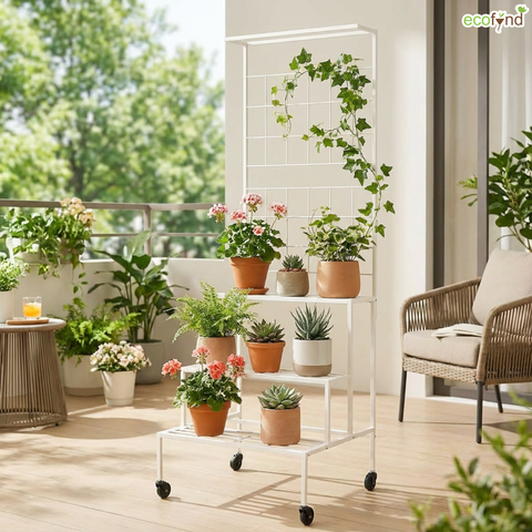 ecofynd Bloom 4-Tier Metal Plant Stand with Wheels – White Indoor & Outdoor Organizer