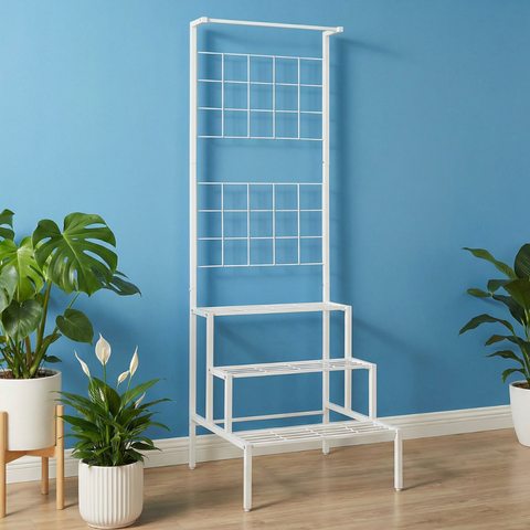 ecofynd White 3-Tier Metal Planter Stand with Trellis Back – Space-Saving Plant Display