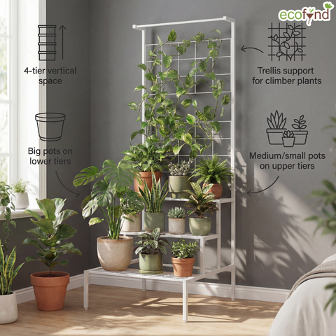 metal plant stand with hanging bar White 3-Tier Metal Plant Stand with Trellis Back – Space-Saving Plant – Ecofynd