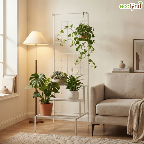 metal floor hanging plant stand White 3-Tier Metal Plant Stand with Trellis Back – Space-Saving Plant – Ecofynd