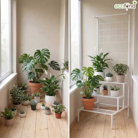 ecofynd White 3-Tier Metal Planter Stand with Trellis Back – Space-Saving Plant Display