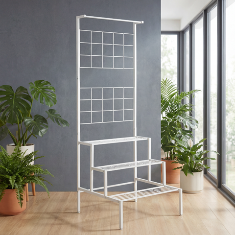ecofynd White 3-Tier Metal Planter Stand with Trellis Back – Space-Saving Plant Display