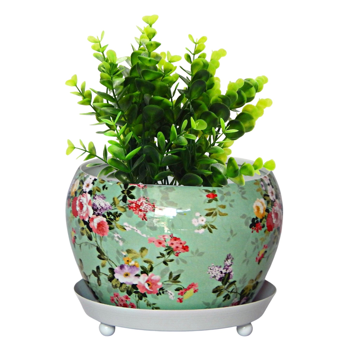 Lily Green Floral Metal Pot with Saucer Plate