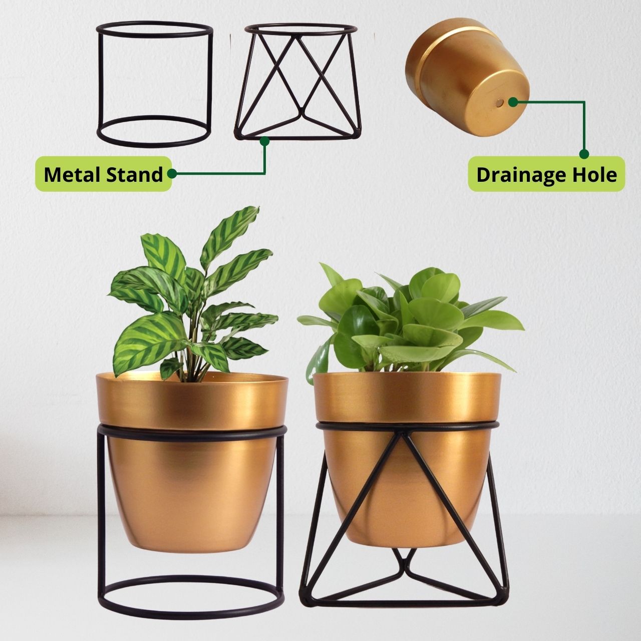Gold Metal Planter Pot with Black Stand