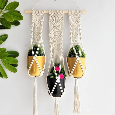 three tier macrame plant hanger Handcrafted Triple Macrame Wall Plant Hanger: 3-Tier Decor – Ecofynd