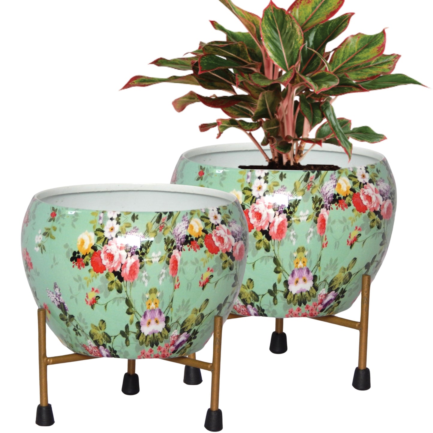 Lio Green Floral Metal Pot with Stand