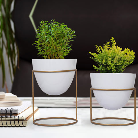 gold and white plant pot Alle White Metal Plant Pot with Stand (Set of 2) – Ecofynd