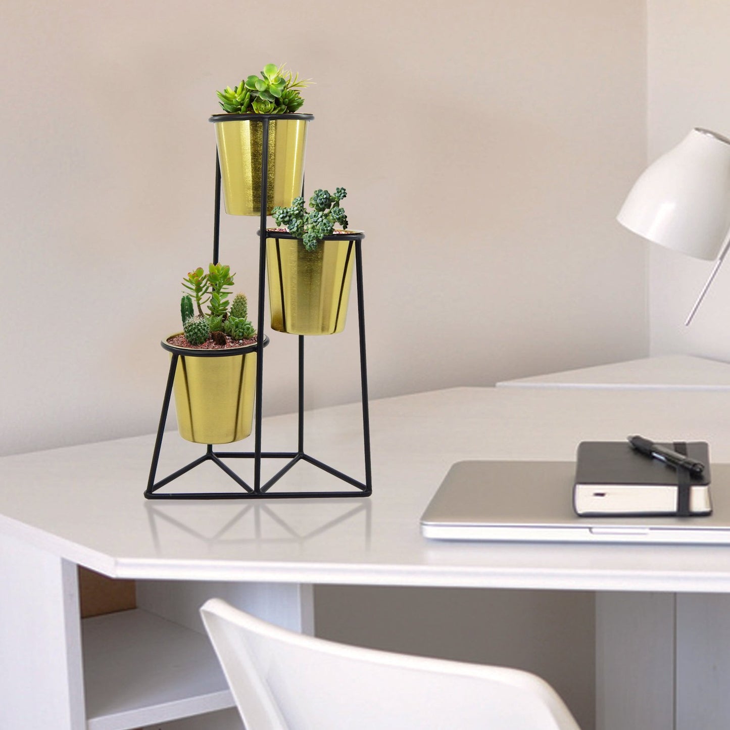 ecofynd Tripo 1.5 ft Table Top Plant Stand Set, Stand: Black, Pot: Gold Desktop Planter freeshipping - Ecofynd