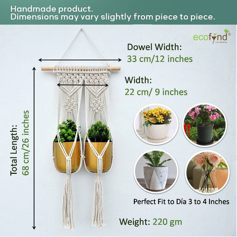 wooden dowel plant hanger Boho-Chic Handmade Double Macramé Plant Hanger with Wooden Dowel – Ecofynd